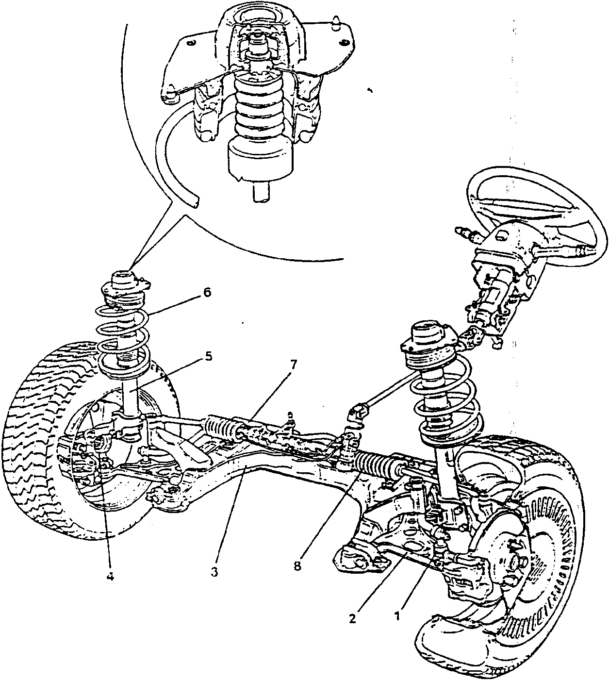 Front suspension diagram showing components including wheels, springs, shock absorber, antiroll bar, steering box, and connecting rods.