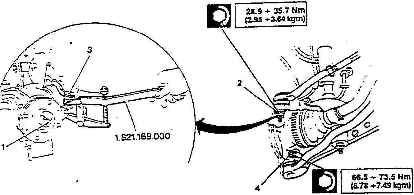 Diagram showing ball joint disconnection with tool N. 1.821.169.000, torque values 28.9 ÷ 35.7 Nm (2.95 ÷ 3.64 kgm) and 66.5 ÷ 73.5 Nm (6.78 ÷ 7.49 kgm)