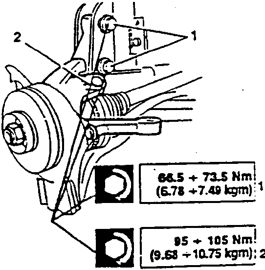 Diagram showing strut/wheel hub assembly removal with torque values 66.5 ÷ 73.5 Nm (6.78 ÷ 7.49 kgm) for 1.8/2.0 T.S. and 95 ÷ 105 Nm (9.68 ÷ 10.75 kgm) for 2.4 V6