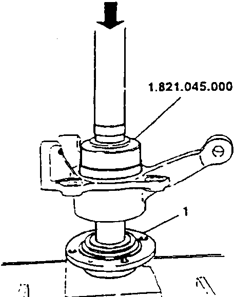 Diagram showing hub being inserted into wheel support using tool 1.821.045.000