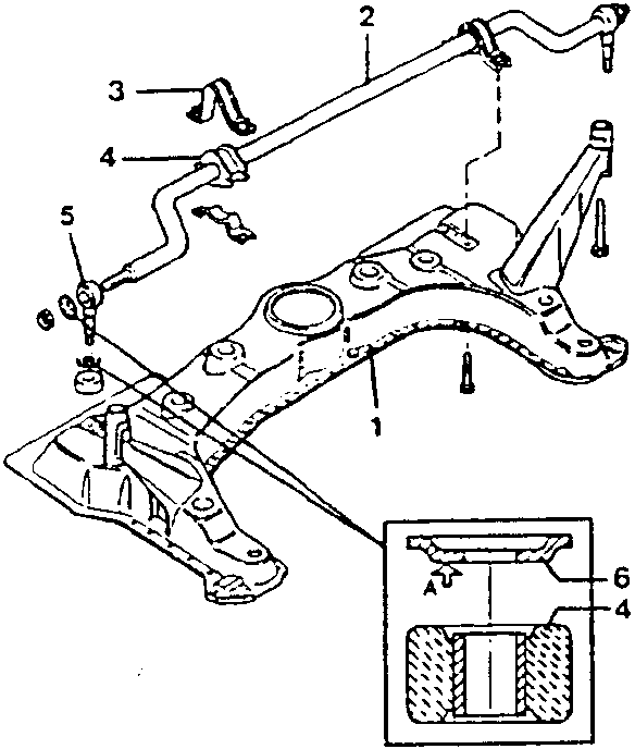 Front suspension component diagram showing parts 1 through 6, including a close-up inset of part 4 and 6 with side A indicated.