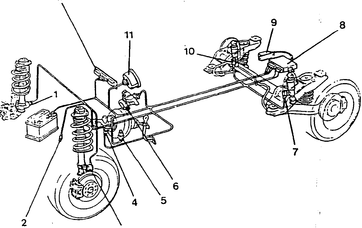 Schematic diagram of front suspension components with numbered parts