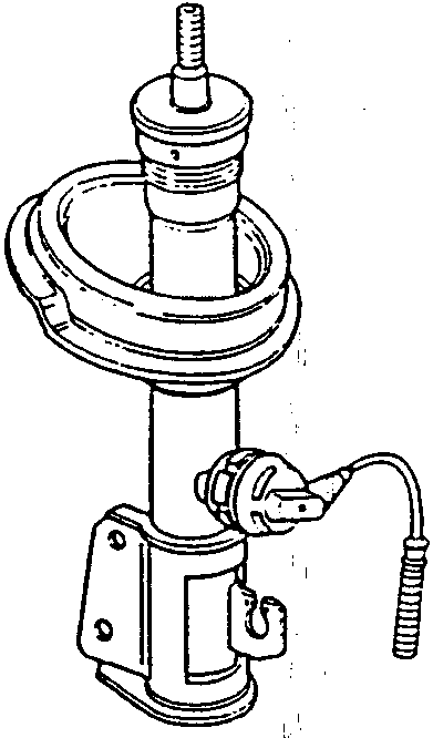 Diagram of a shock absorber with an electromagnetically controlled valve attached to its outer hose, showing the connection to the control unit.