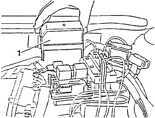 Diagram showing hand loosening a screw on an electronic control unit with wires and connectors visible.