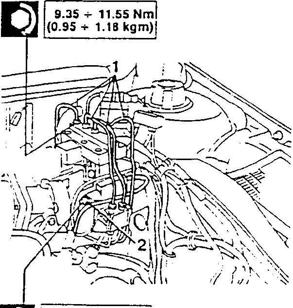 Diagram showing brake components with hoses and pipes connected, including a torque specification box labeled '9.35 ÷ 11.55 Nm (0.95 ÷ 1.18 kgm)' and another labeled '3.4 ÷ 4.2 Nm (0.35 ÷ 0.43 kgm)'.