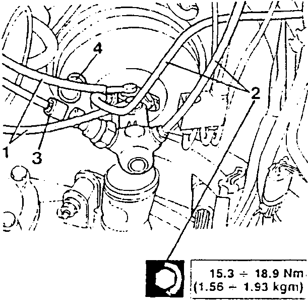Diagram showing brake components with hoses, pipes, and a torque specification box labeled '15.3 ÷ 18.9 Nm (1.56 ÷ 1.93 kgm)'.