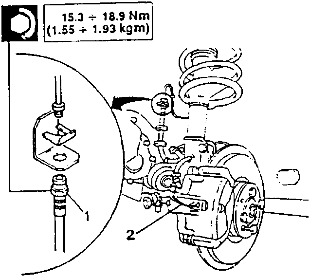 Diagram showing brake caliper removal with torque specification