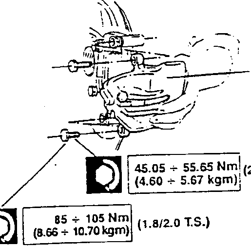 Diagram showing brake caliper refitting with torque specifications for different engines