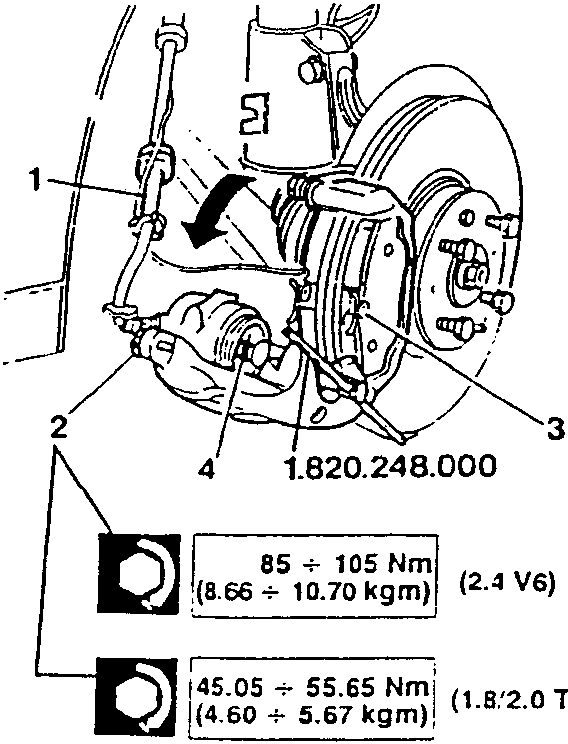 Front brake caliper with piston adjustment tool and torque specifications