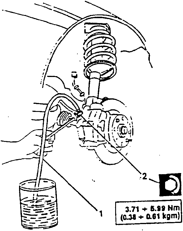 Diagram showing brake bleeding procedure with hose connected to reservoir and container below
