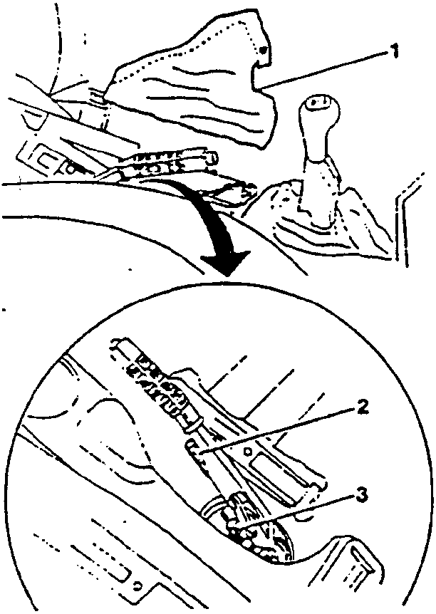 Handbrake lever removal diagram showing leather cover, trim, and components labeled 2 and 3.