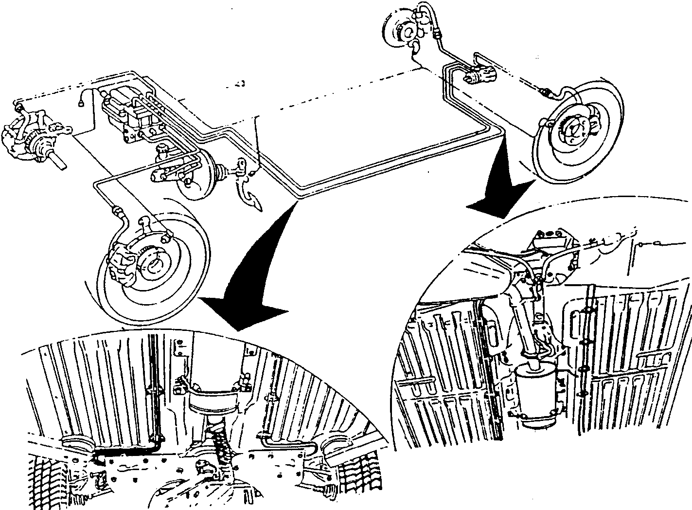 Diagram showing brake system pipes and hoses with arrows pointing to different components