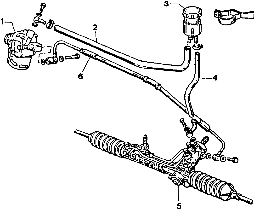 Power steering system diagram showing pump, hoses, reservoir, and steering box.