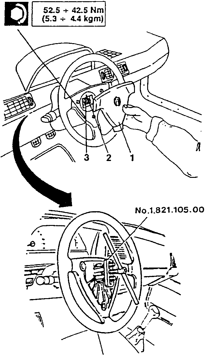 Steering wheel removal diagram showing tool No. 1.821.105.000 and torque specification 52.5 ÷ 42.5 Nm (5.3 ÷ 4.4 kgm)