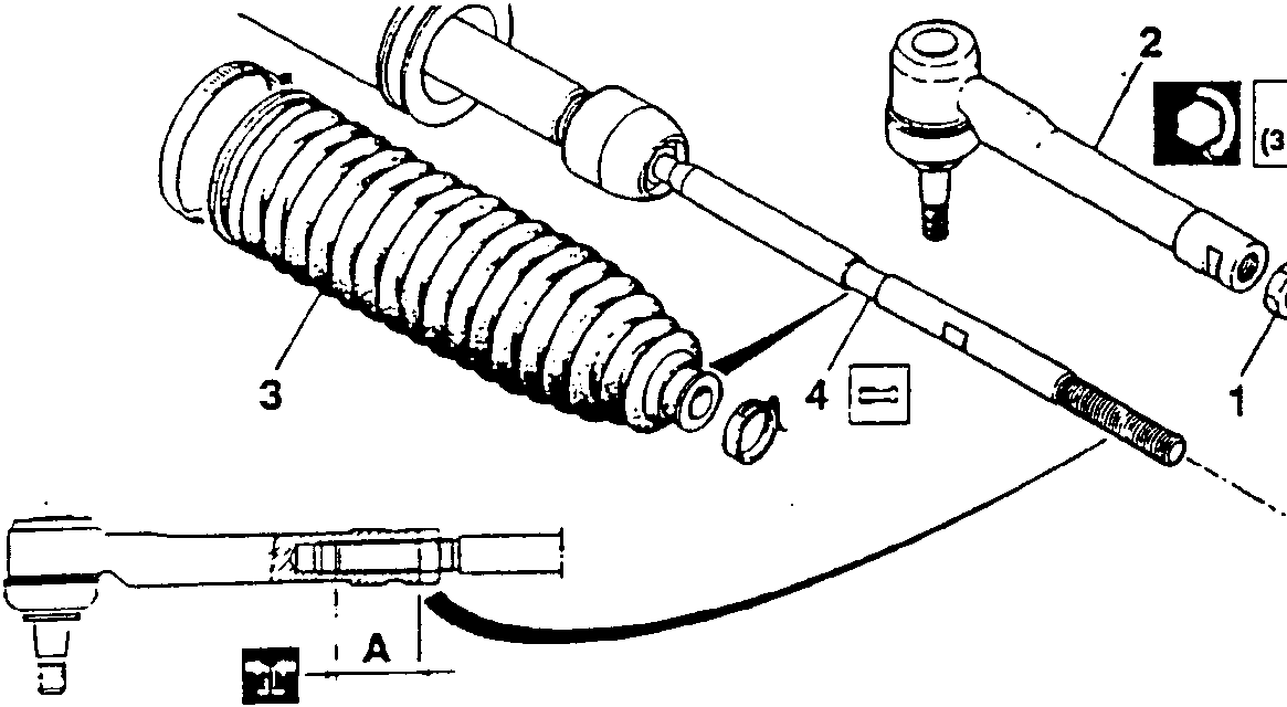 Steering component diagram showing tie-rod, bellows, and counternut with torque specification box