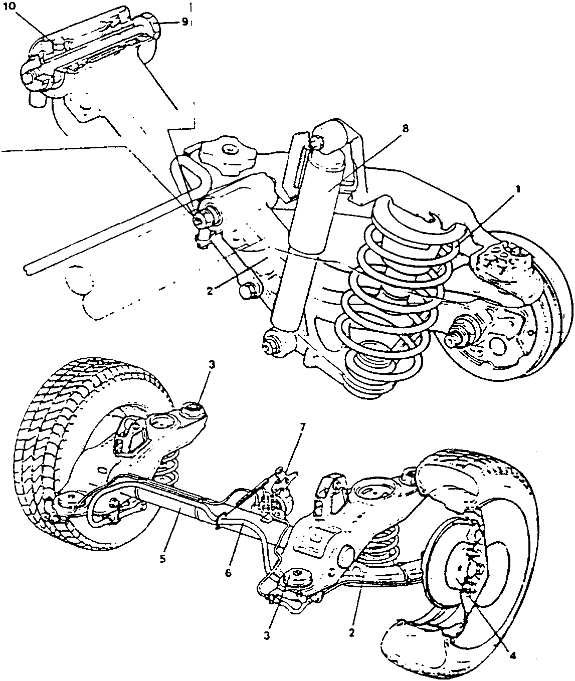 Rear suspension diagram showing components including helical spring, swinging arm, flexible plug, wheel hub, rear rigid axle, stabilizer bar, braking regulator, shock absorber, screw securing swinging arm, and tapered roller bearings.