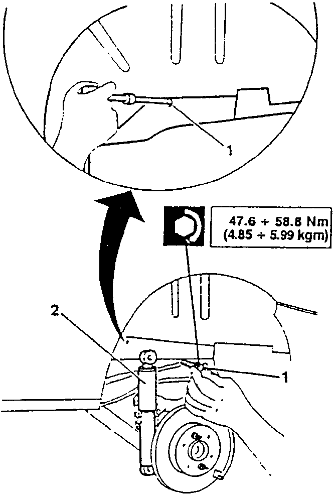 Diagram showing removal of shock absorber with torque specification 47.6 ÷ 58.8 Nm (4.85 ÷ 5.99 kgm)
