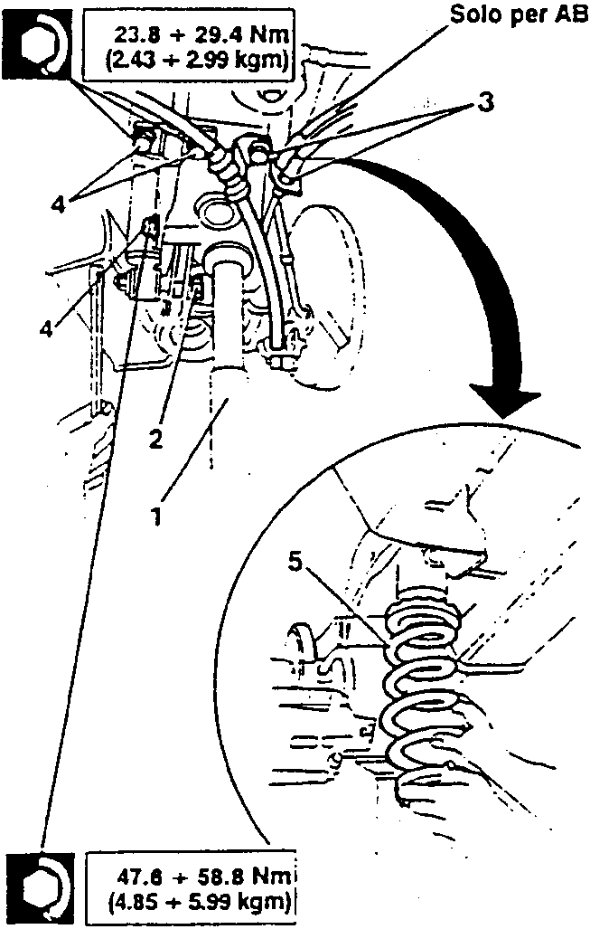 Diagram showing helical spring removal with torque specifications 23.8 ÷ 29.4 Nm (2.43 ÷ 2.99 kgm) for ABS models and 47.6 ÷ 58.8 Nm (4.85 ÷ 5.99 kgm) for non-ABS models