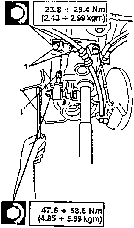 Diagram showing a hand disconnecting a spring from a stabilizing bar and removing the bar. Torque values are shown: 23.8 ÷ 29.4 Nm (2.43 ÷ 2.99 kgm) and 47.6 ÷ 58.8 Nm (4.85 ÷ 5.99 kgm).