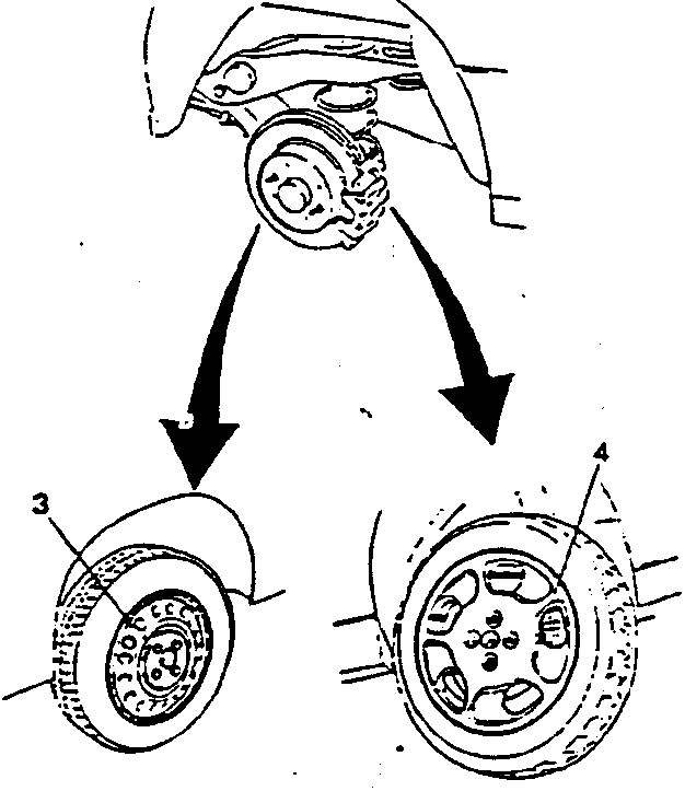 Diagram showing wheel removal and replacement. Parts labeled: 3, 4.