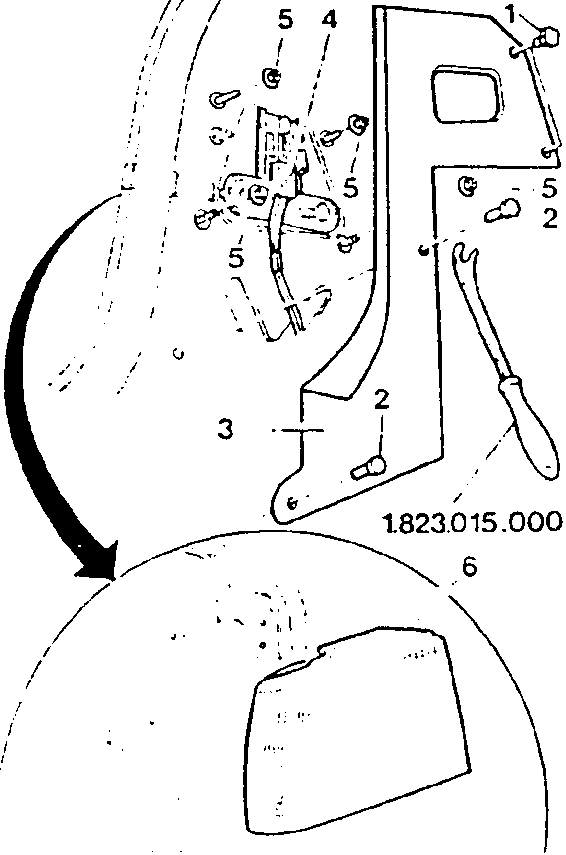 Diagram showing removal of rear light assembly with numbered parts and tool reference 1.823.015.000