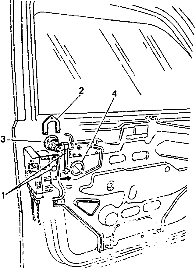 Diagram showing components of a car door lock mechanism with numbered parts.