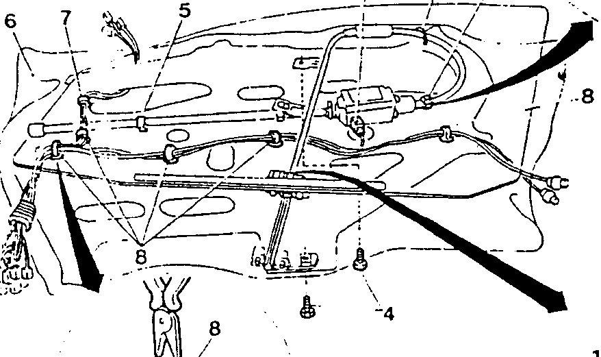 Diagram showing window raising device and wiring with numbered parts