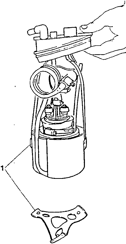 Illustration showing hands removing an electric pump and rubber gasket, with part 1 indicated by a line to the pump body
