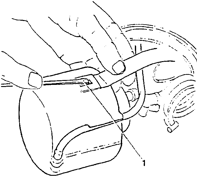 Illustration showing hands using a tool to press on retaining clips on a container housing, with part 1 indicated by a line to the clip