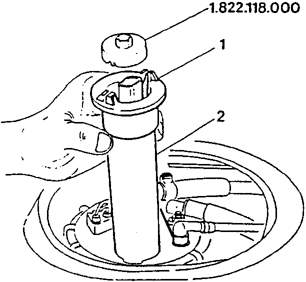 Diagram showing hand loosening a ring nut with tool 1.822.118.000 and removing a sender from a cylindrical component.
