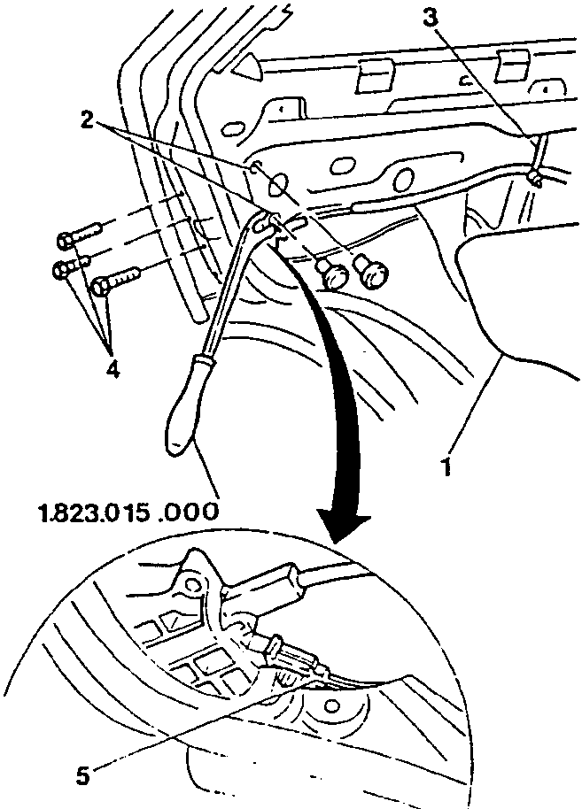 Diagram showing removal of rear door lock device with tool 1.823.015.000, parts labeled 1 to 5, with torque specification box below