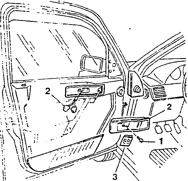 Diagram showing door panel interior with numbered parts: 1 switch, 2 connectors, 3 moulding.