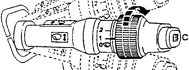 Windscreen wiper lever with positions A, B, C, D marked.