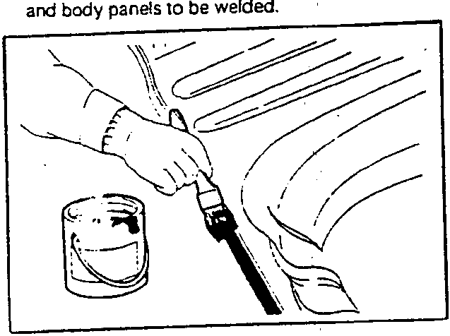 Hand using a brush to apply primer to the edge of a metal panel.