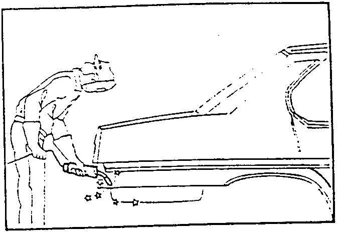 Illustration showing a person working on a vehicle's bodywork, using a tool to straighten or repair a panel.