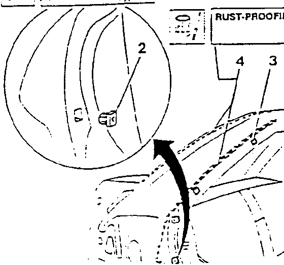 Diagram showing rust-proofing application on rear wing