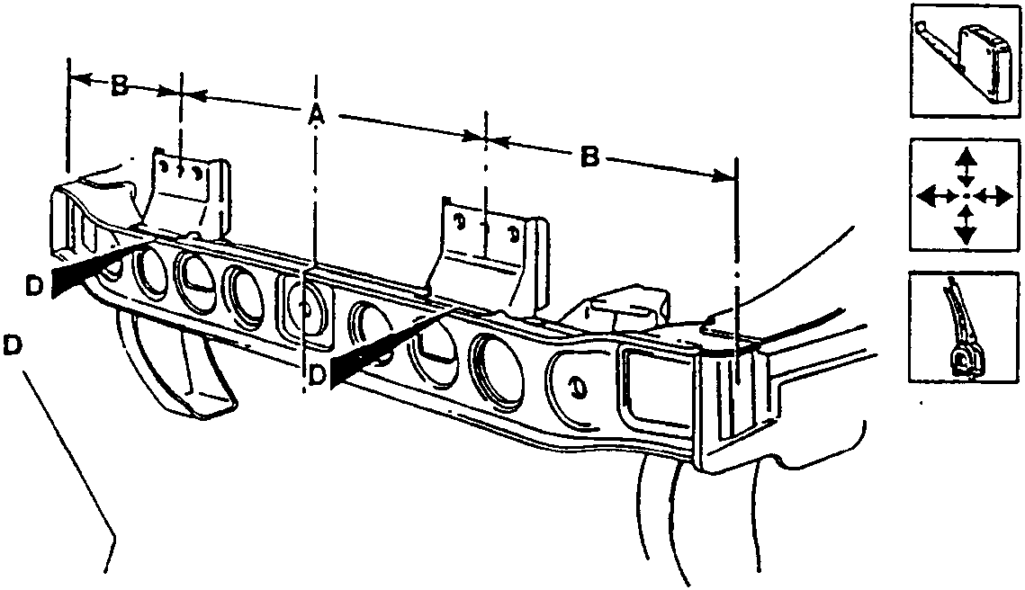 Illustration showing bracket positioning with dimensions A, B, and C on a cross member.
