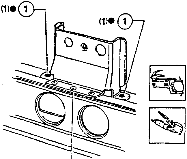 Illustration showing spot-welding operation with tools indicated.