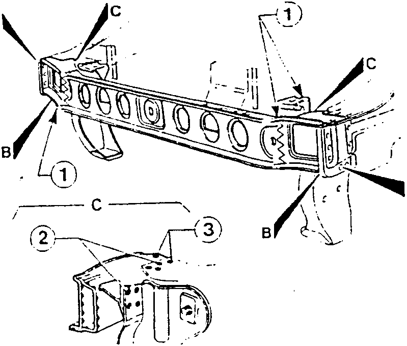 Detailed view of front cross member with labeled parts A, B, C and numbered components 1, 2, 3