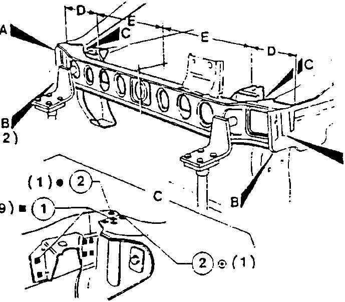 Illustration showing bumper bracket assembly with dimensions D and E