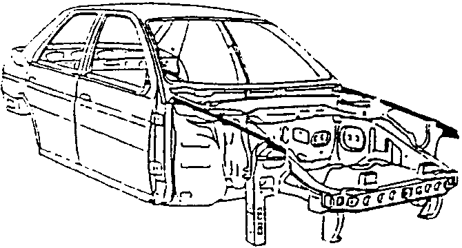 Car with front panel removed, showing engine bay and headlight housing frame