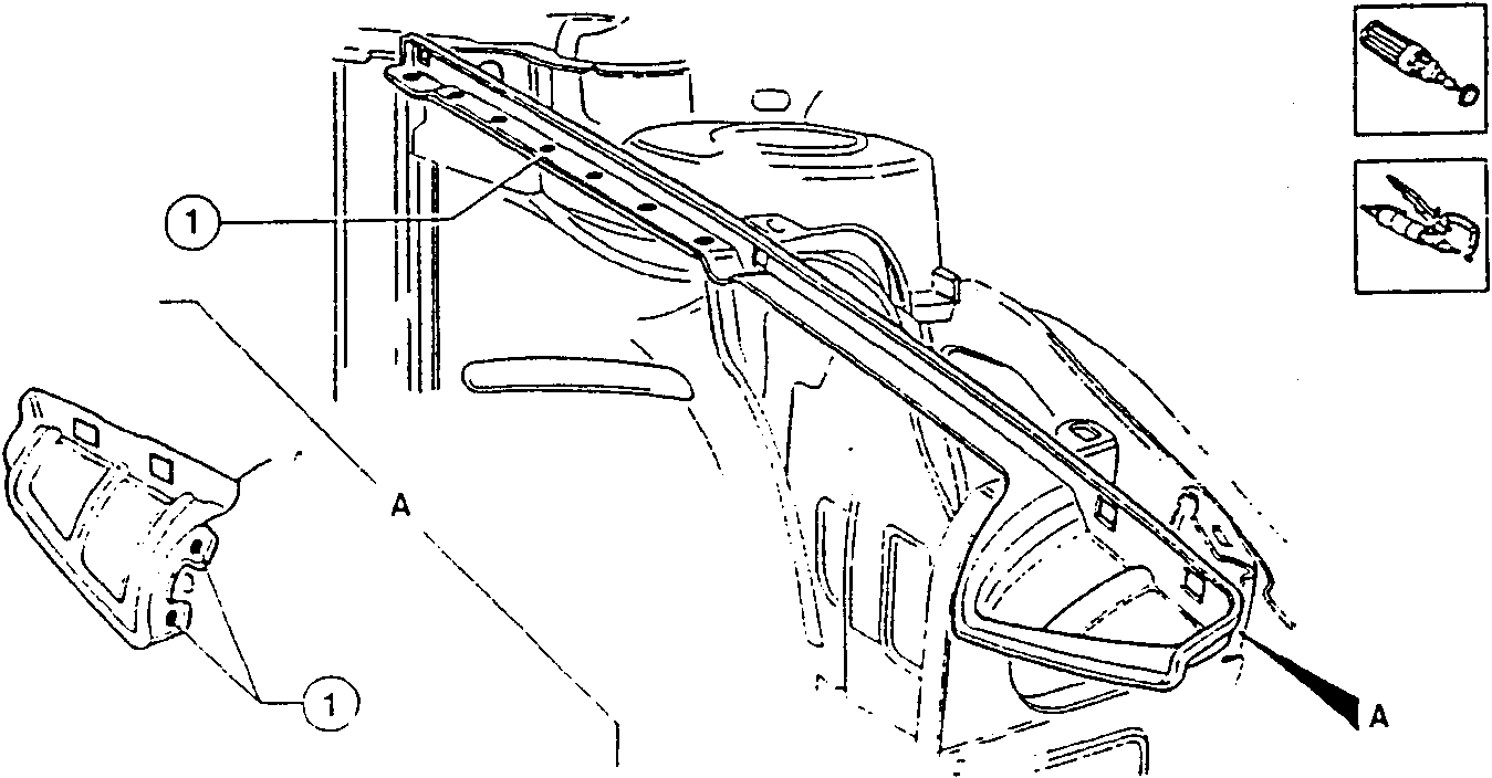 Diagram showing removal of headlight housing frame and welding area