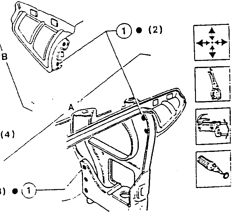 Illustration showing spot welding positions marked as (1), (2), (3), (4) with a spot welder icon and directional arrows.