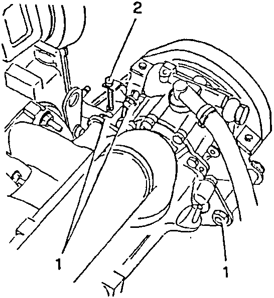 Power steering pump tensioner adjustment diagram showing parts 1 and 2