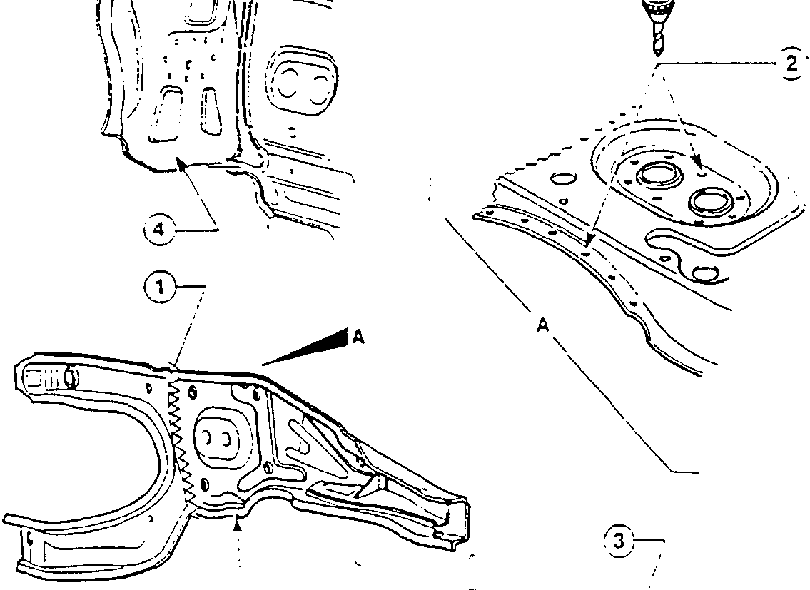 Diagram showing parts 1, 2, 3, 4, and A of a car body panel assembly. Part 1 is an inner side panel, part 2 is a welding area, part 3 is a mounting bracket, part 4 is a door hinge, and A indicates a weld seam.