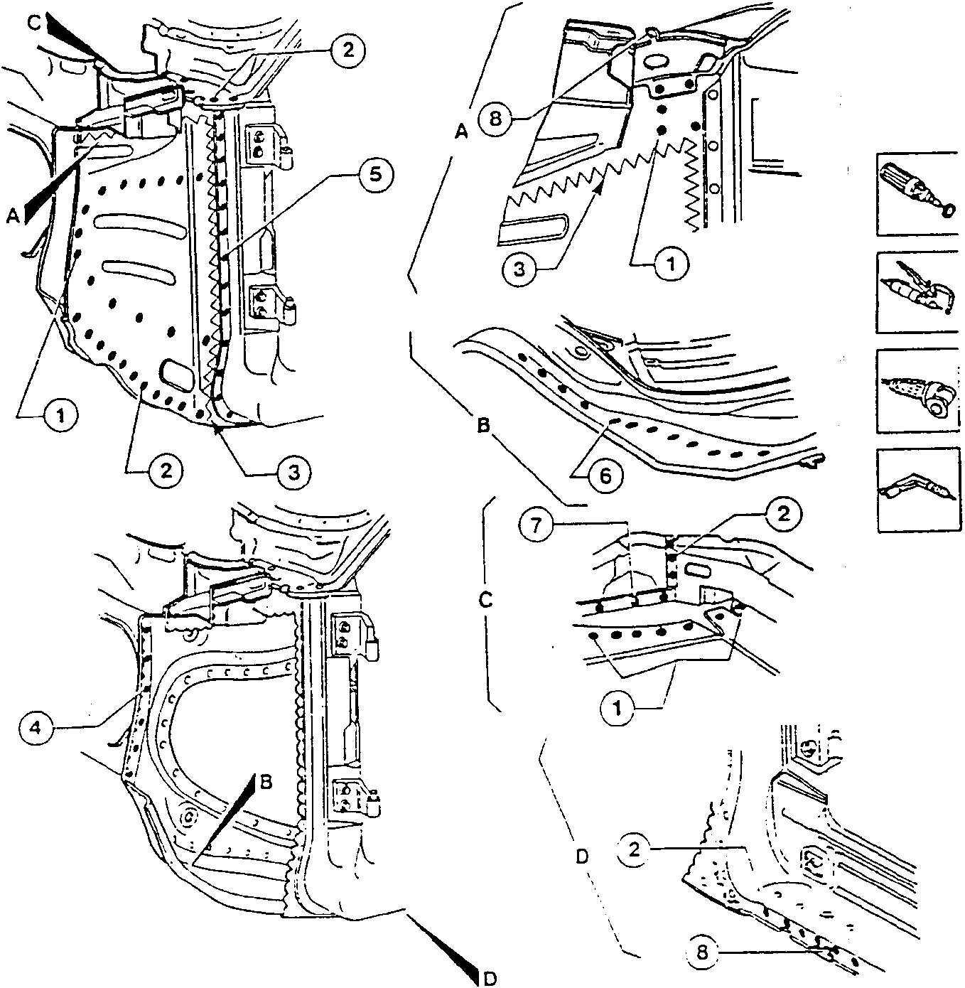 Diagram showing various sections of a car body with numbered parts and tools icons on the right side.