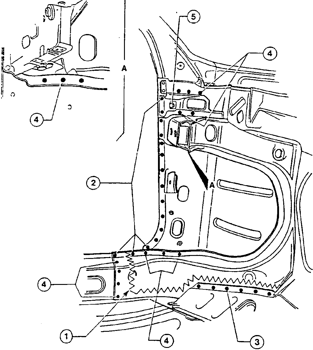 Diagram showing bodywork section with numbered parts and cutting/weld removal areas.