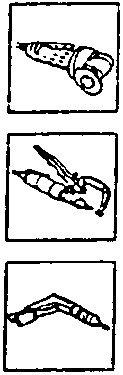 Three tools: a drill bit, a chiseling tool, and a clinch tab opener.