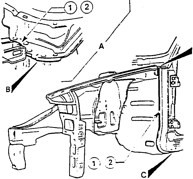 Illustration showing areas A, B, and C for rust proofing application