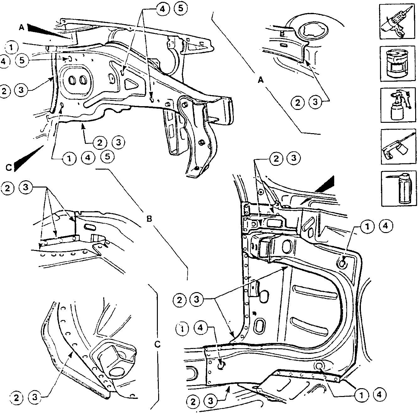 Illustration showing application points for Type B protection and rust-proofing on a car body panel, with labeled sections A, B, C and numbered callouts 1-5.